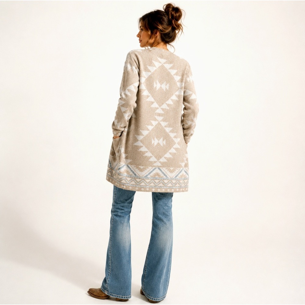 Frye Cardigan XXL Tan White Open Sweater Southwestern Aztec Pockets Cozy New